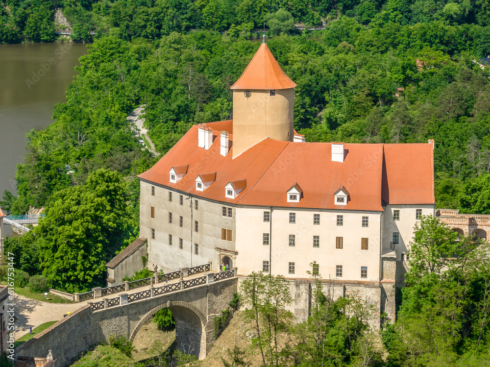 Closeup view of Gothic palace at Veveri castle with circular donjon keep with rare attacking angle