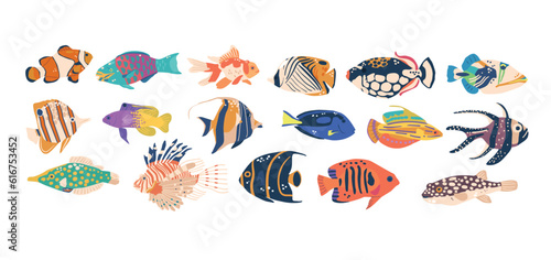 Diverse Set Of Sea Fishes Clown, Angel, Butterfly, Showcase The Beauty And Variety Of Underwater Life, Illustration