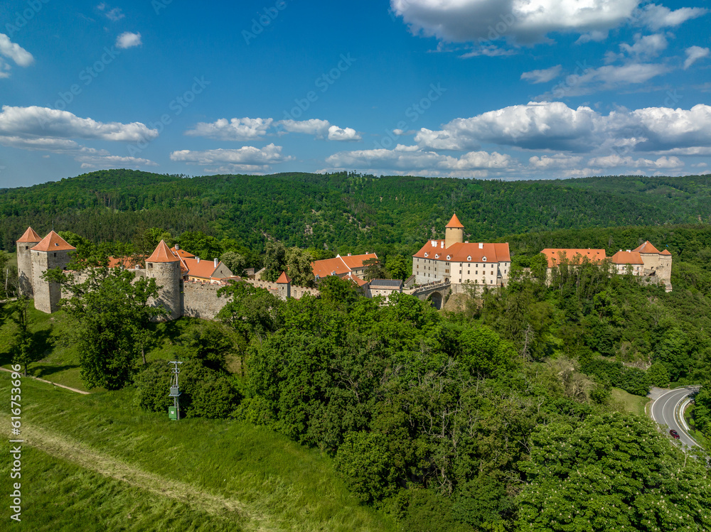 Aerial view of Veveri castle in Moravia with Gothic towers