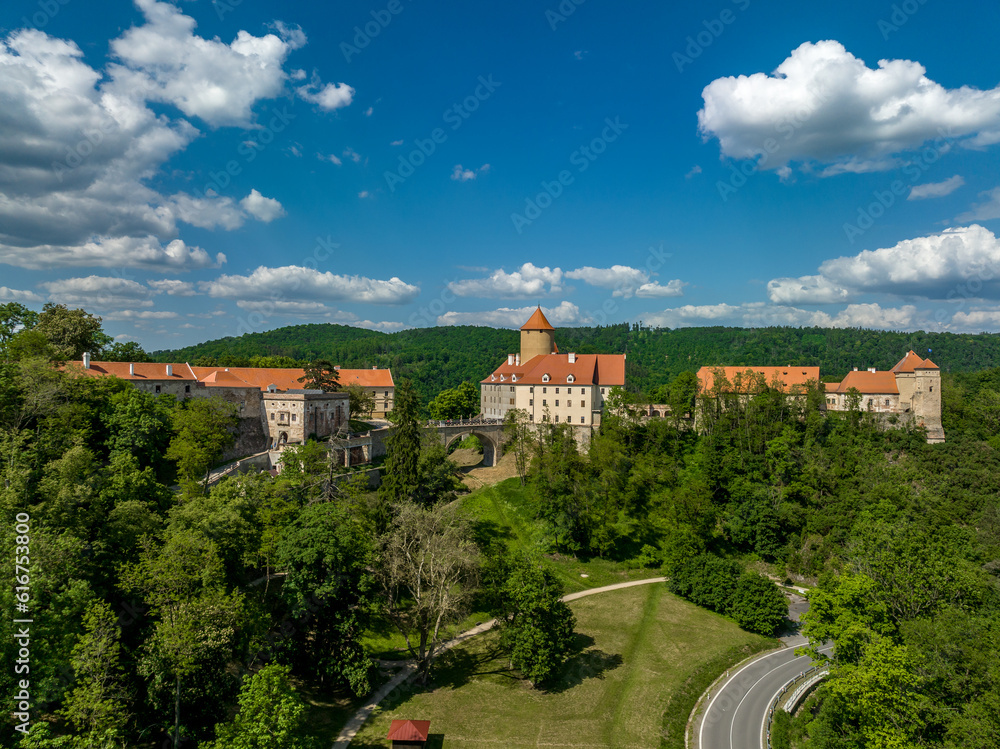 Aerial view of Veveri castle in Moravia with Gothic towers