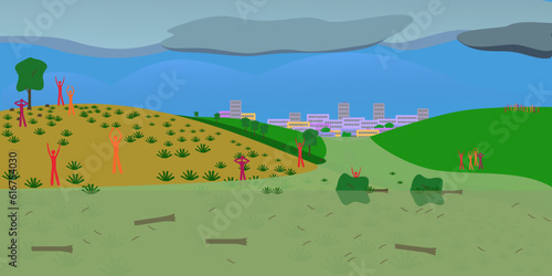 The landscape with the city was flooded with floodwater.