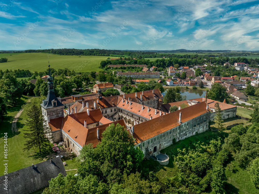 Aerial view of Uhercice late Gothic three-winged fortified house from the turn of the 15th and 16th centuries with 5 courtyards in Moravia