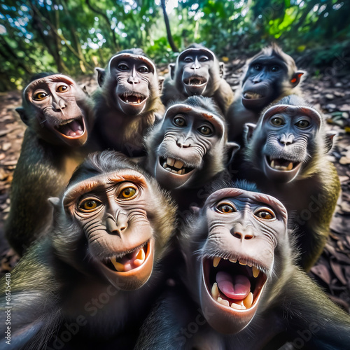 Captivating group selfie of playful monkeys from a high angle, sparking joy and amusement, evoking strong emotions for animal lovers. Perfect for lighthearted content. Generative AI