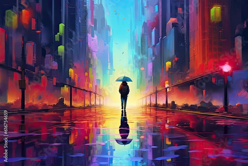 Guy with an umbrella on a rainy street. Colorful abstract painting. Digital artwork. 