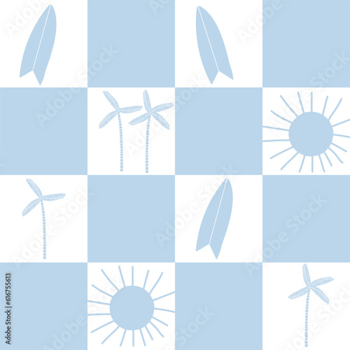 Surfing checkerboard seamless pattern. Vector hand drawn illustration.