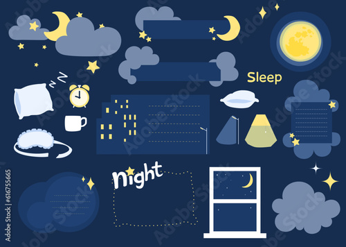 Text box, frame, moon, clouds, stars, night sky, sleep, dark blue and yellow, cartoon vector