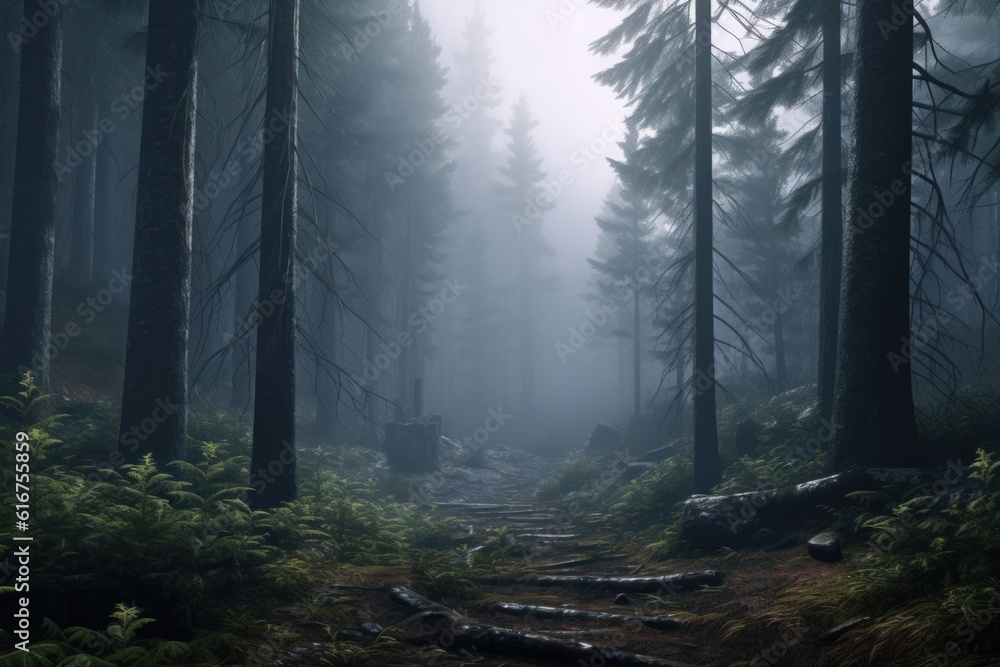 Misty mountain forest covered with tall trees and scary misty background. Misty mountain forest covered with tall trees and scary misty background.