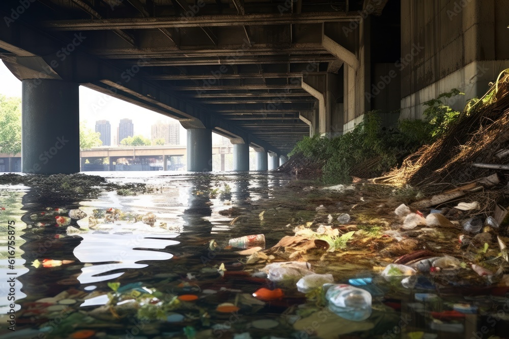 organic and plastic waste in the river under the bridge background