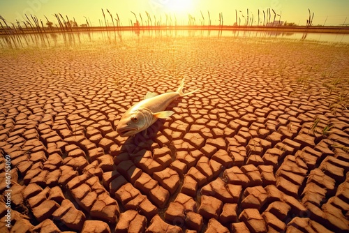Drought, sun scorching in rice field single dead fish