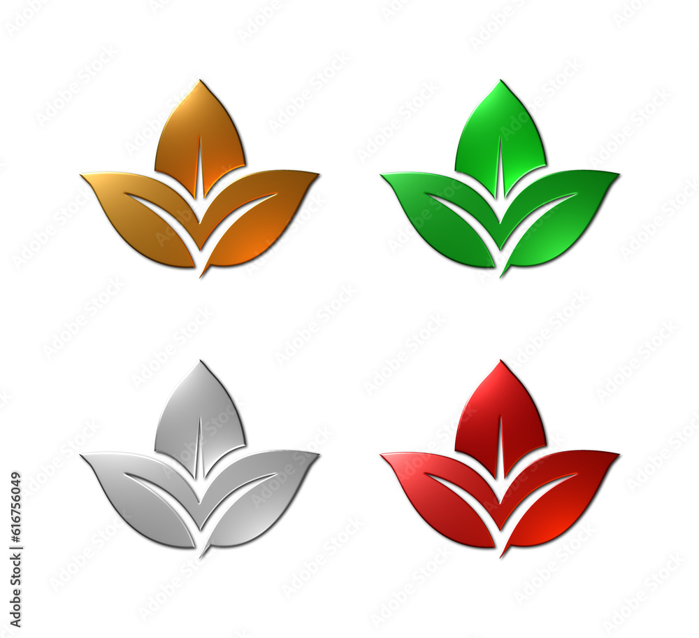 A set of 4 - 3D-rendered illustration leaf graphics in metallic texture finishing in gold, green platinum and red metal, isolated on a white background. A set of 4 - 3D-rendered illustration leaf graphics in metallic texture finishing in gold, green platinum and red metal, isolated on a white background.