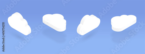 Isometric clouds set. 3d cloud storage icon at different angles. Design element for online computing, data transfer, server, digital, information network, weather concepts. Vector illustration