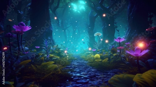 Colorful Neon Light Tropical Jungle Plants in a Dreamlike Forest Scene © Аrtranq