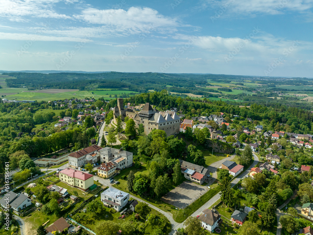 Aerial view of Lipnice nad Sázavou Castle in Czechia built in late Gothic and Renaissance style, rectangular Samson tower keep serves as observation deck