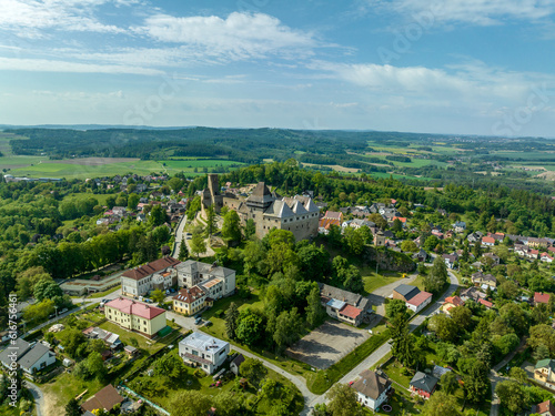 Aerial view of Lipnice nad Sázavou Castle in Czechia built in late Gothic and Renaissance style, rectangular Samson tower keep serves as observation deck
