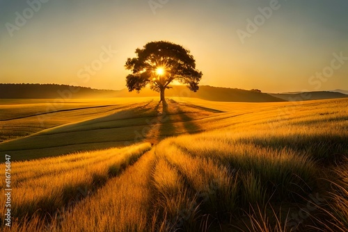 sunset beside the tree showing a beautiful view in the fields AI Generated 