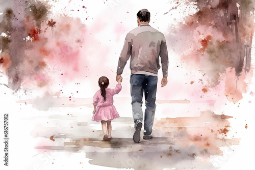 Watercolour illustration Father and daughter, walk hand in hand