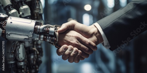 Handshake Between AI Robot and Human in Business Meeting