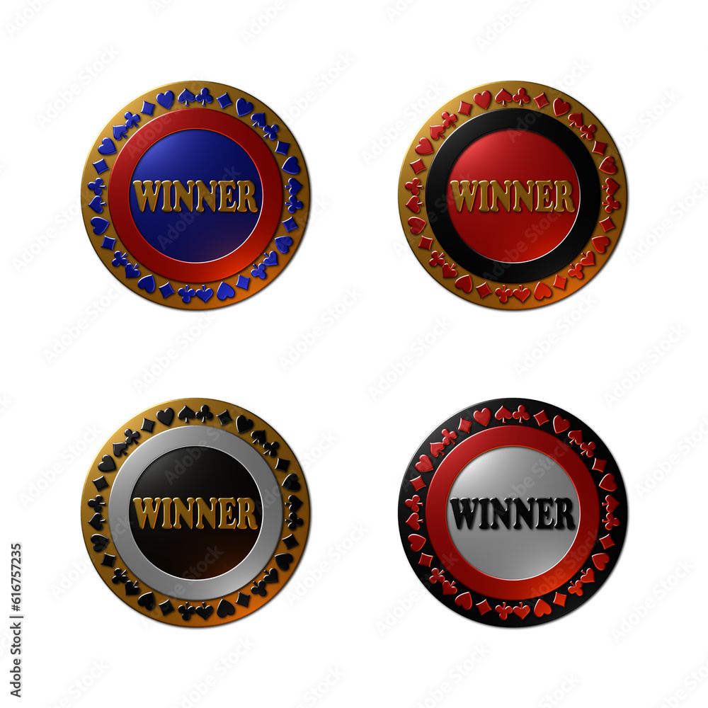 A set of 4 - 3D-rendered illustrations of playing cards game winner medals in different coloured metallic textures, including platinum, gold, red, black and blue, isolated on a white background. A set of 4 - 3D-rendered illustrations of playing cards game winner medals in different coloured metallic textures, including platinum, gold, red, black and blue, isolated on a white background.