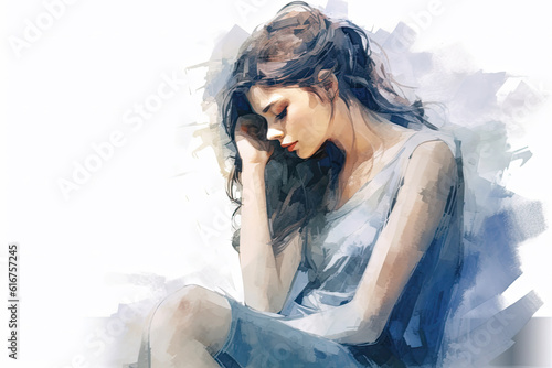Watercolor illustration Sad and lonely girl, Unhappy figure, sorrow, Lady heartbroken by a breakup
