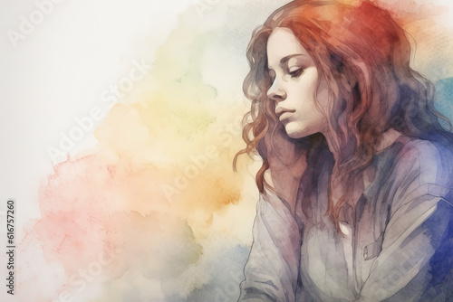 Watercolor illustration Sad and lonely girl, Unhappy figure, sorrow, Lady heartbroken by a breakup
