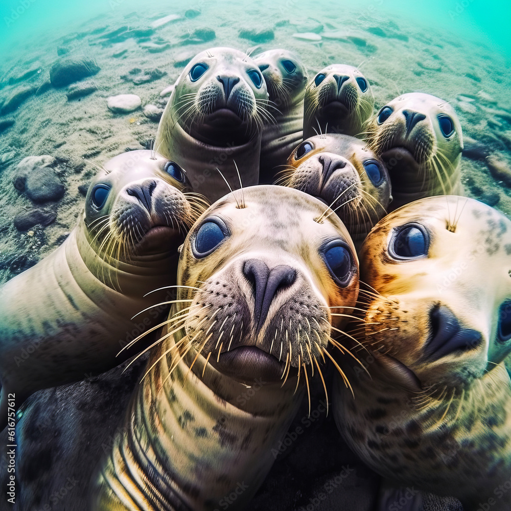 Captivating seal group selfie from above, showcasing playful affection and amusing vibes, evoking warmth and fun emotions for unforgettable moments. Generative AI