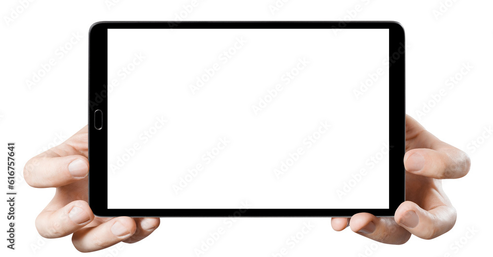 Hands holding black tablet, cut out Hands holding black tablet, cut out