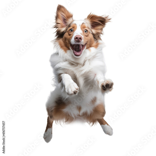 A happy and smiling jumping dog in the air on a transparent background © 016Graphics