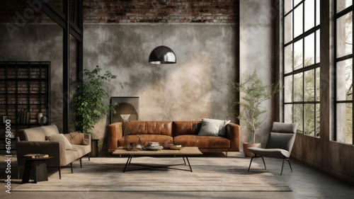 Conceptual Illustration of an Industrial Brick and Wood Living Room Interior Design. Loft Apartment in New York Style, Modern and Minimalistic. Generative AI. © Tuyres