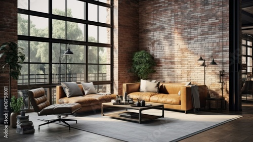 Conceptual Illustration of an Industrial Brick and Wood Living Room Interior Design. Loft Apartment in New York Style, Modern and Minimalistic. Generative AI. © Tuyres