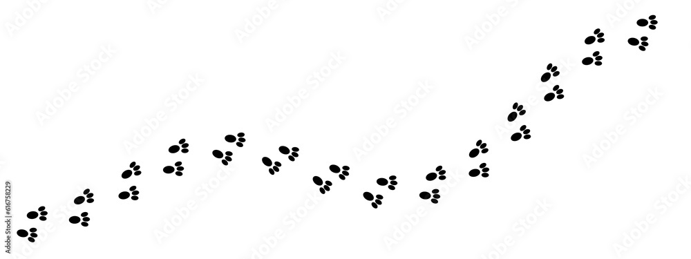Obraz premium Rabbit wet or dirty footprints. Hare foot steps. Stamps with rabbit paw silhouettes. Footprint of a running or walking animal. Vector graphic illustration