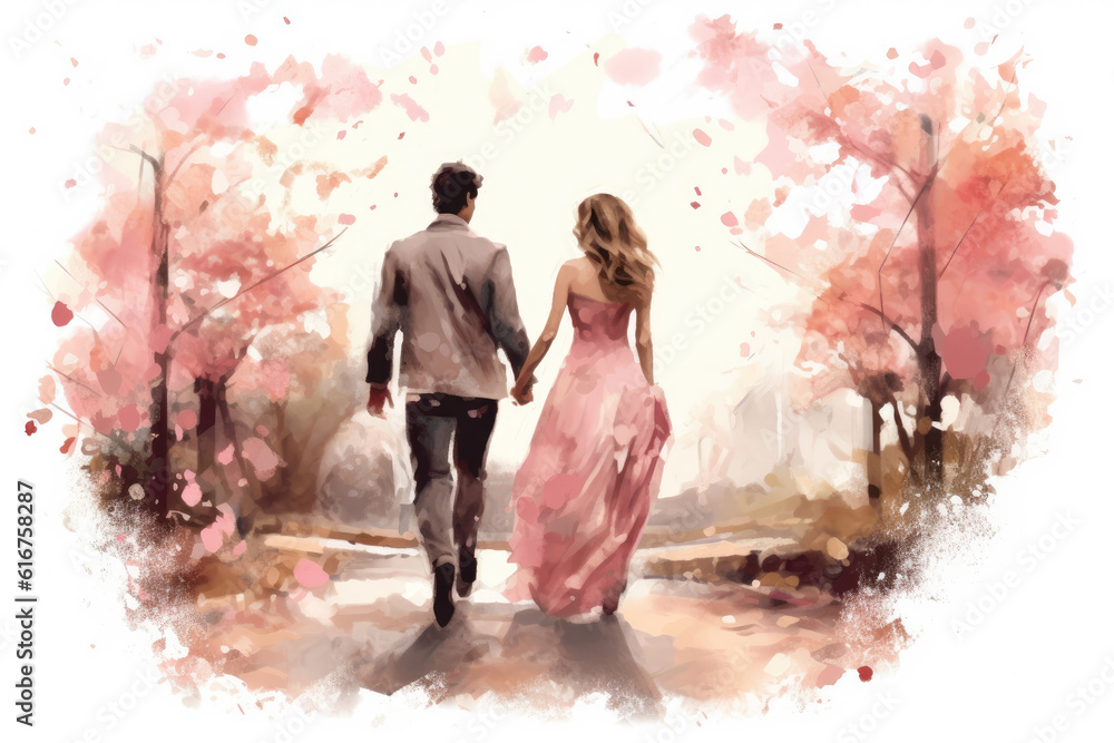 Watercolour illustration of couple walking hand on hand Watercolour illustration of couple walking hand on hand