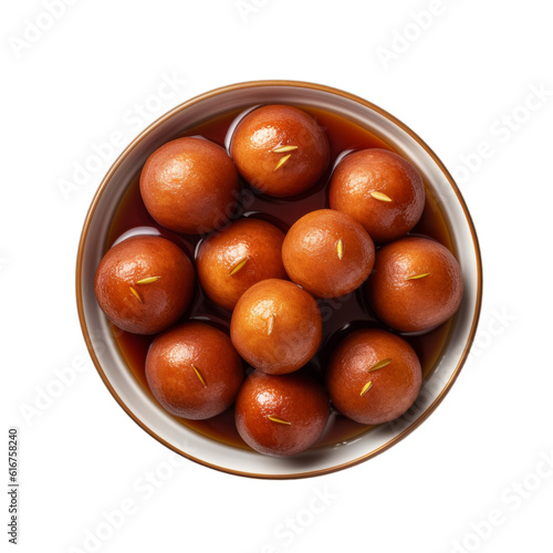 Delicious Gulab jamun in a bowl seen from above, top view, isolated on a transparent background