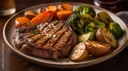 A plate of tender and juicy grilled steak with a side of roasted potatoes and sautéed vegetables
