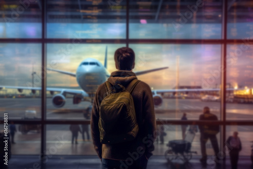 Back view of young man looking at airplane in airport. Travel concept. Generative AI.