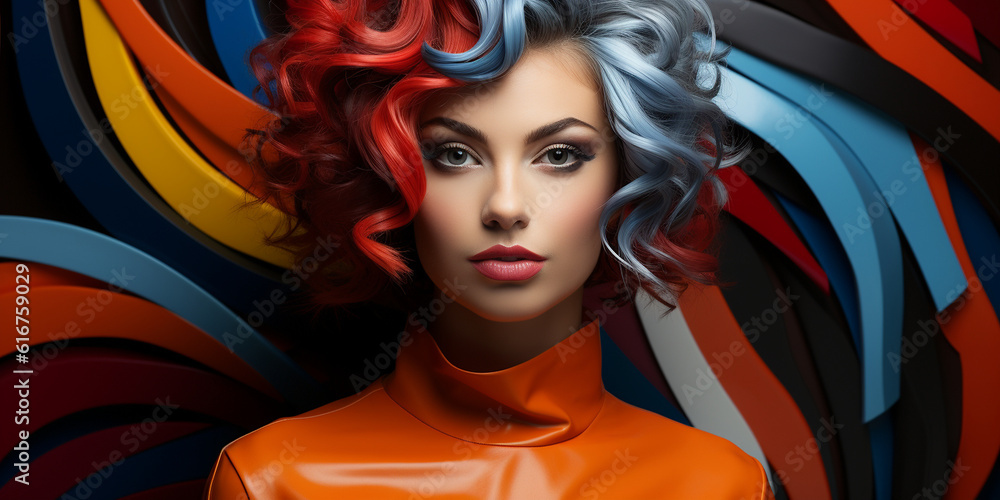 Hübsche Frau mit gefärbten und gelockten Haar mit modernster Frisur und edlen Visagistik Make up als Poster Nahaufnahme, ai generativ Hübsche Frau mit gefärbten und gelockten Haar mit modernster Frisur und edlen Visagistik Make up als Poster Nahaufnahme, ai generativ