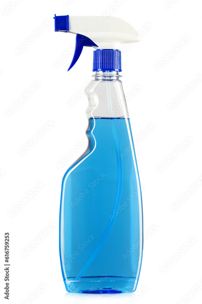 Blue detergent in a spray bottle. Isolated on white background. Blue detergent in a spray bottle. Isolated on white background.