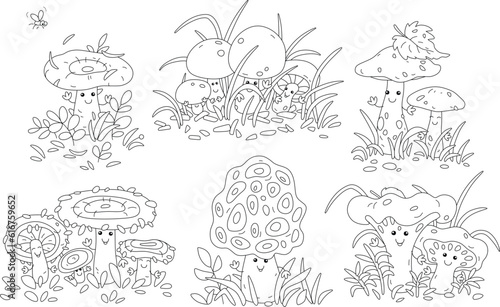 Cartoon set of forest mushrooms among grass, funny Kawaii characters, black and white outline vector illustrations for a coloring book
