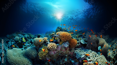 Coral reef in the underwater world. Marine life. Sea creatures. AI generated