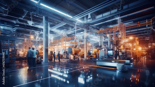 A futuristic image illustrating the concept of a smart factory. Advanced technology like AI, IoT and robotics in manufacturing processes for greater efficiency and productivity. Generative AI © TensorSpark