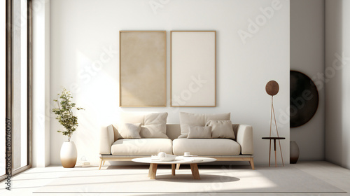 Stylish Living Room Interior with Mockup Frame Poster  Modern interior design  3D render  3D illustration