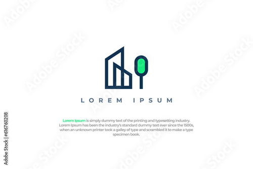 logo business green building and tree