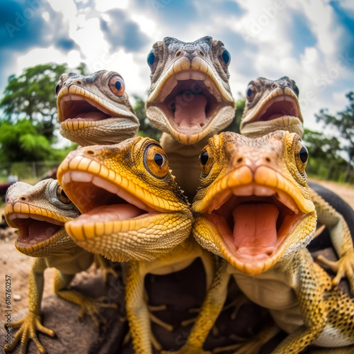 Captivating group selfie of animated lizards from above  evoking fun and amusement  perfect for engaging content and sparking emotion in your audience. Generative AI