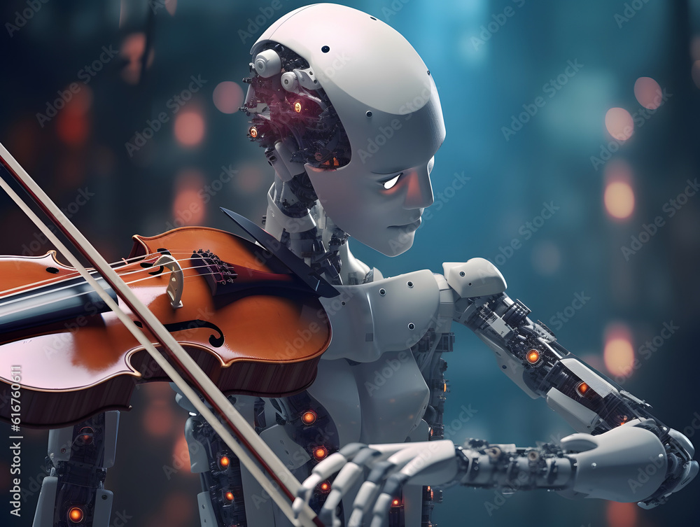 Naklejka premium AI robot musician playing violin. Futuristic entertainment on stage. AI generated