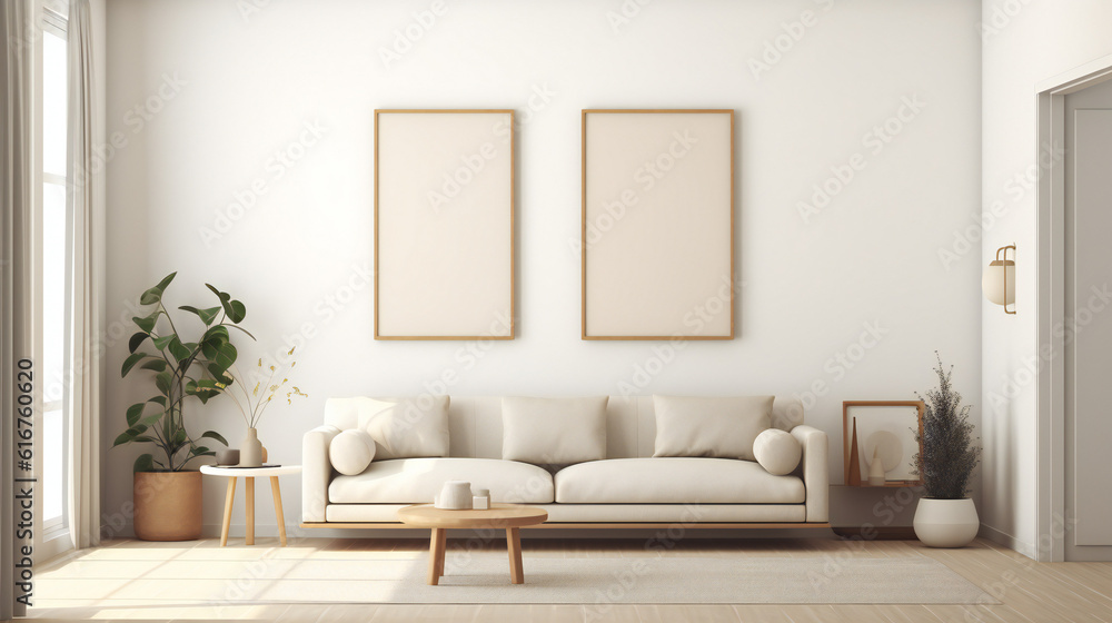 Stylish Living Room Interior with Mockup Frame Poster, Modern interior design, 3D render, 3D illustration Stylish Living Room Interior with Mockup Frame Poster, Modern interior design, 3D render, 3D illustration