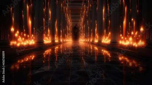 Long flame rising up in large hall with columns with reflection on the floor orange flame blazing fire 3d rendering mystical design illustration poster book game Generative AI