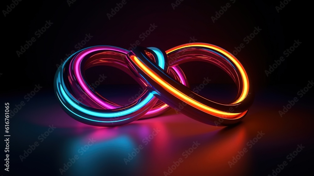 Neon lamp in shape of infinity sign on dark background with reflection pink blue gradient glowing in the ultraviolet spectrum 3d rendering bright illustration generative ai Neon lamp in shape of infinity sign on dark background with reflection pink blue gradient glowing in the ultraviolet spectrum 3d rendering bright illustration generative ai
