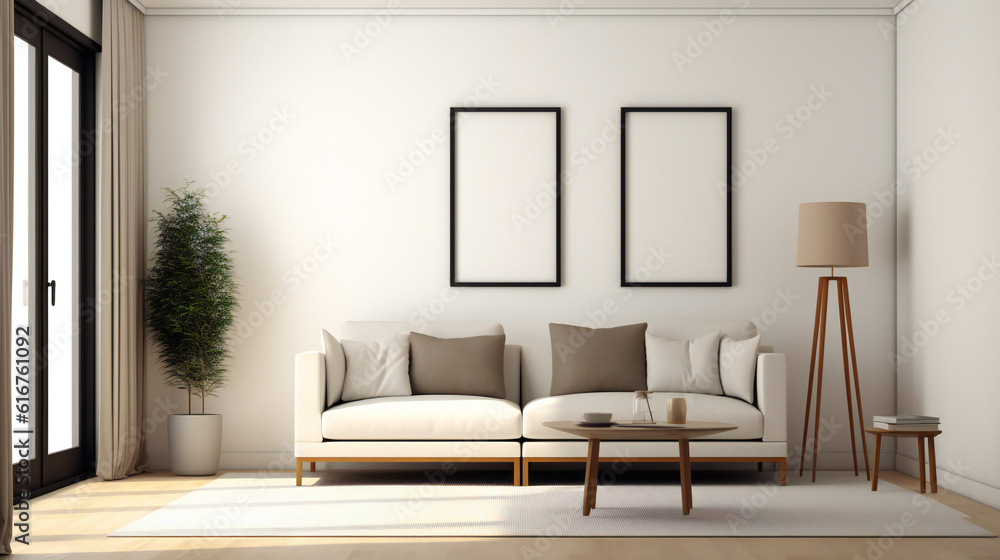 Fototapeta premium Stylish Living Room Interior with Mockup Frame Poster, Modern interior design, 3D render, 3D illustration