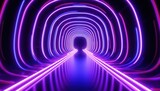 Tunnel bridge with bright blue and violet neon double lines with reflection 3d rendering illuminated corridor concept illustration background Generative AI