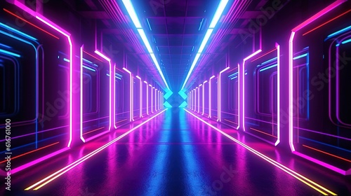 Futuristic corridor tunnel with multicolored neon lamps sabers and lights double lines, 3d rendering illuminated hallway spaceship illustration concept background Generative AI © Iaroslav Lazunov