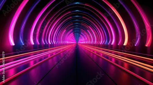 Fototapeta Naklejka Na Ścianę i Meble -  Bridge with red magenta and blue neon lights futuristic tunnel with multicolored neon lamps double lines 3d rendering hallway concept illustration background Generative AI